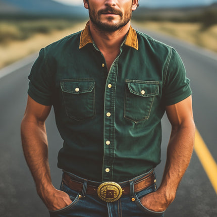 Men's Western Cowboy Shirt | Color Block Denim | Short Sleeve | Summer Casual Top | Breathable High-Quality Fabric | Modern Look | S to 3XL Sizes Available