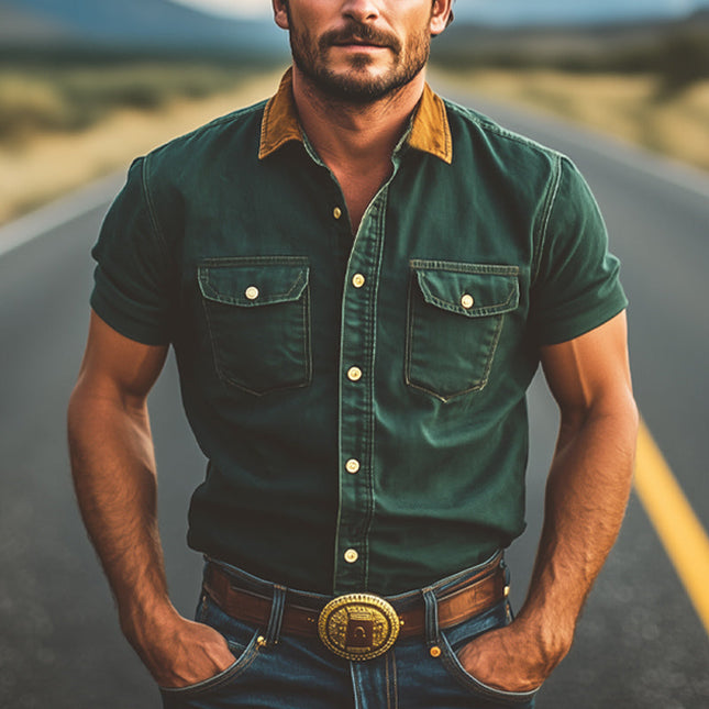 Men's Western Cowboy Shirt | Color Block Denim | Short Sleeve | Summer Casual Top | Breathable High-Quality Fabric | Modern Look | S to 3XL Sizes Available