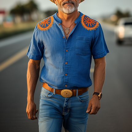 Men's Cowboy Retro Embroidered Shirt | Spring Summer Short Sleeve | Stand-Up Collar | Cotton Linen Blend | Casual Vacation Style | Breathable & Lightweight | Western Inspired | Refined Detailing