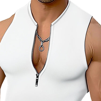 Men's Sleeveless Elastic Zipper Sports Tank Top | Summer Breathable Fitness Shirt | Polyester Spandex Blend Activewear | Body Hugging Fit | Adjustable Ventilation | Sizes S-3XL