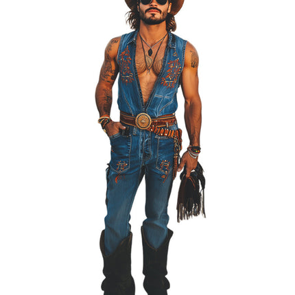 Men's Western Denim Jumpsuit | Embroidered Detailing | High-Quality Fabric | Durable Classic Style | Button Front | Multiple Pockets | Tailored Fit | Versatile Fashion | Modern Cowboy | Unique One-Piece Outfit