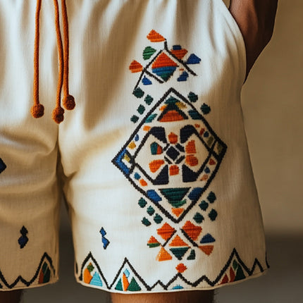 Men's Retro Geometric Embroidery Shorts | Summer Cotton Linen Blend | Casual Beachwear | Adjustable Waist | Breathable Fabric | Artful Design | Sizes S-3XL