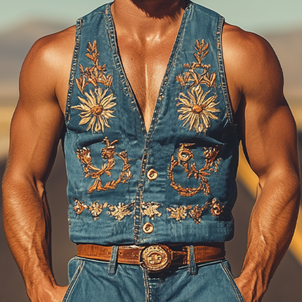 Men's Summer Jumpsuit | Retro Western Cowboy Embroidered Style | Breathable & Lightweight | Beltless Comfort | Functional Pockets | Versatile Styling | Ideal for Casual & Outdoor Activities | Fashionable Summer Outfit