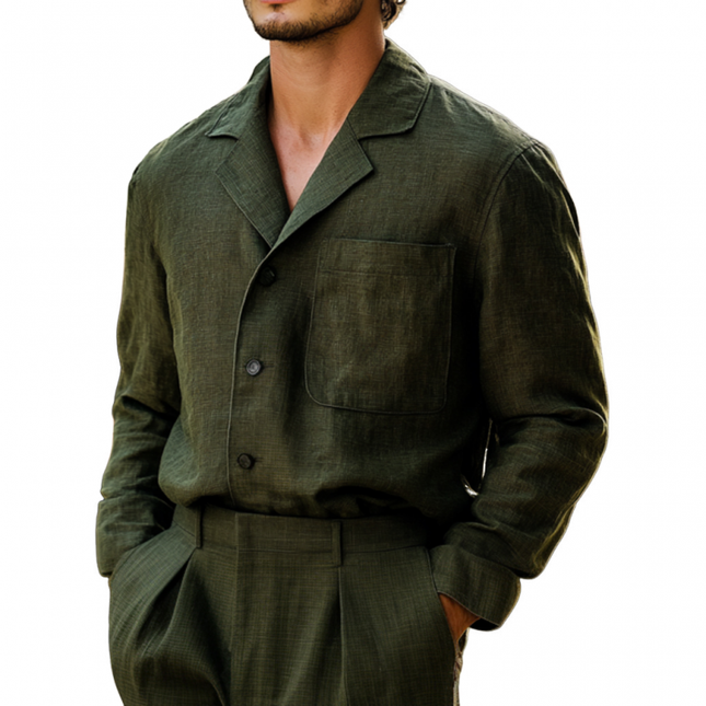 Men's Long Sleeve Linen Shirt | Casual Loose Fit | Breathable Fabric | Notched Lapel | Patch Pocket | Comfortable & Stylish | Ideal for Warm Weather | Versatile Everyday Wear | Sophisticated Casual Top