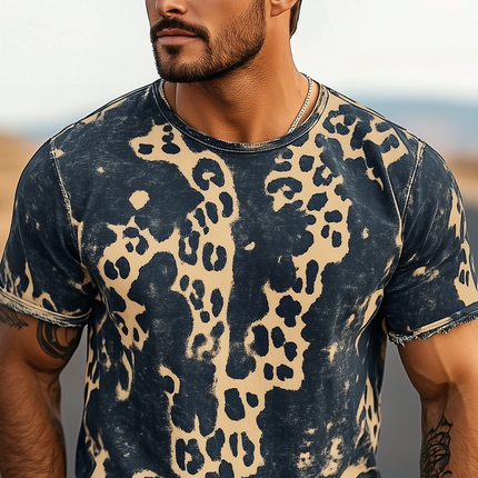 Men's Retro Western Distressed Leopard Print T-Shirt | Cotton Blend Short Sleeve | Vintage Cowboy Style | Spring Summer Casual Wear | Bold Graphic Design | Comfortable Breathable Fabric