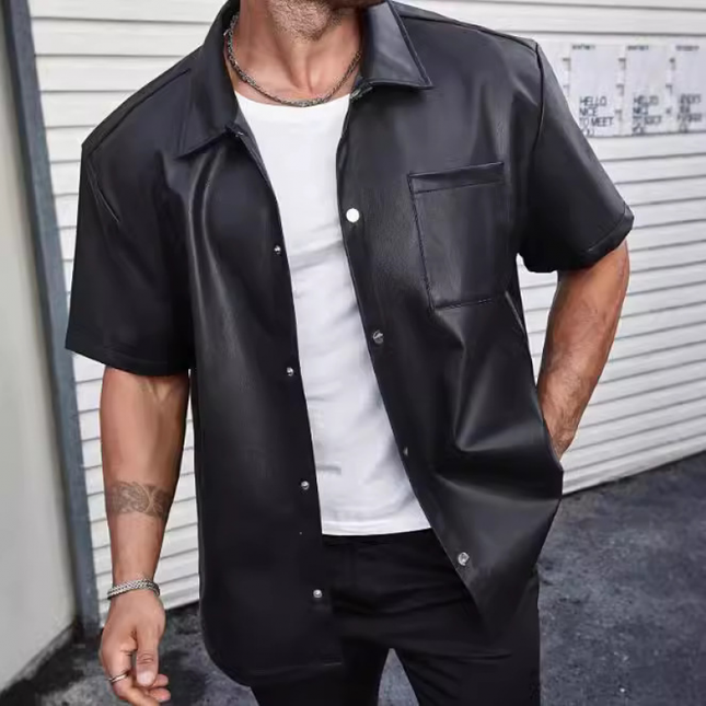 Men's PU Leather Shirt | Short Sleeve Lapel Collar | Single Breasted Casual Top with Patch Pocket | Loose Fit for Streetwear & Semi-Formal Wear | Fashionable Lightweight Design