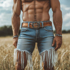 Men's Vintage Western Tassel Denim Shorts | Cowboy Style | Durable Cotton | Slim Fit | Mid-Rise | Frayed Hems | Versatile | Casual Outings | Festival Ready | Classic Design | Multiple Sizes Available