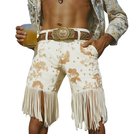 Men's Cotton-Denim Shorts | Western Cowboy Style | Vintage Fringe | Relaxed Fit | Mid-Thigh Length | Button Fly | Side Pockets | S to 3XL | Festival Outfit | Summer Casual Wear