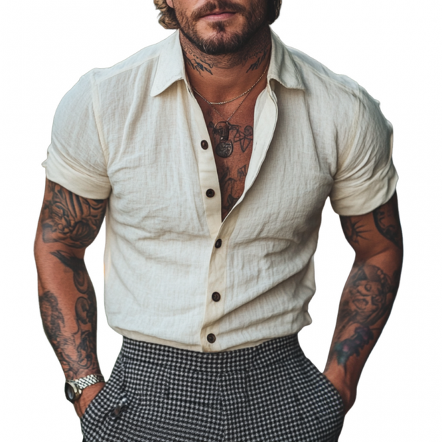 Men's Linen Short Sleeve Shirt | Breathable Vacation Attire | Loose Fit with Slim Cut | Lapel Collar Design | Lightweight Moisture-Wicking Fabric | Ideal for Summer | Casual & Versatile | Comfortable & Stylish Wear