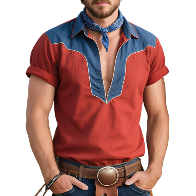 Men's Western Style Colorblock Lapel Short Sleeve Shirt | Retro Casual Cowboy Design | Breathable Cotton | Vintage Flair | Ideal for Spring & Summer | Available in S-3XL | Stylish Men's Button Down Top