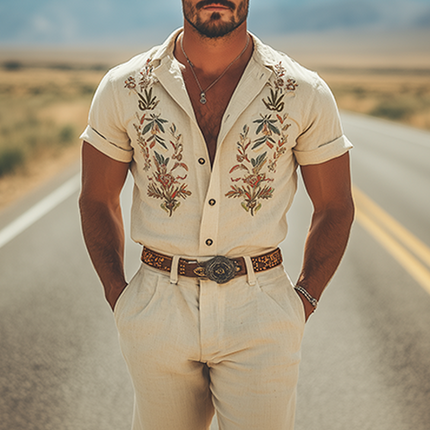 Men's Retro Western Embroidered Jumpsuit | Summer Cotton Linen One-Piece | Breathable Fabric | Intricate Design | Relaxed Fit | Functional Pockets | Easy Style | No Belt Required