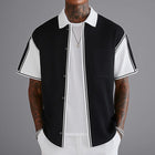Men's Short Sleeve Shirt | Black and White Stitching | Business Casual Knit | Breathable Comfort | Tailored Fit | Classic Turn-Down Collar | Sizes S to 3XL
