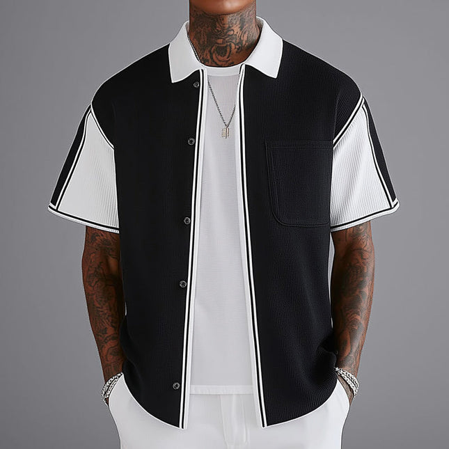 Men's Short Sleeve Shirt | Black and White Stitching | Business Casual Knit | Breathable Comfort | Tailored Fit | Classic Turn-Down Collar | Sizes S to 3XL