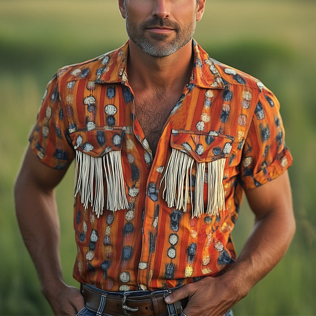 Men's Retro Tassel Short Sleeve Shirt | Vintage Print | Cotton | Lightweight Breathable Fabric | Relaxed Camp Collar | Casual Summer Style | Music Festival & Beach Party | Sizes S to 3XL