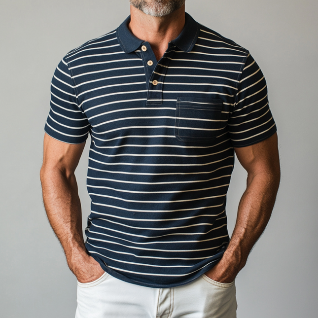 Men's Cotton Polo Shirt | Striped Colorblock Design | Lapel Collar | Patch Pocket | Slim Fit | Short Sleeve | Casual Wear | Breathable Fabric | Versatile Style