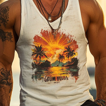 Men's Hawaiian Print Sleeveless Tank | Crew Neck | Tropical Graphic Shirt | Vacation Beachwear | Breathable Fabric | Relaxed Fit | Casual Summer Top | Bold Design