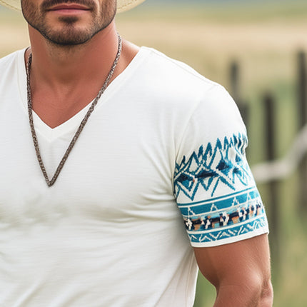 Men's Western Cowboy Style T-Shirt | Printed V-Neck | Short Sleeve | Casual Rugged Fashion | Soft Breathable Cotton Blend | Relaxed Fit | Bold Western Motif | Perfect for Summer & Festivals