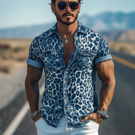 Men's Fashion Short Sleeve Shirt | Retro Western Style | Leopard Denim Print | Slim Fit | Casual Spring Summer | High-Quality Cotton Blend