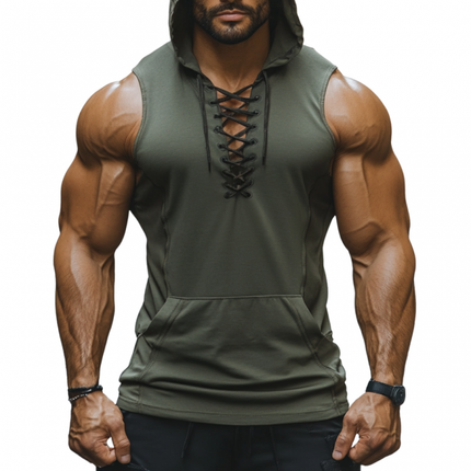 Men's Breathable Cotton Tank Top | Lace-up V-Neck | Kangaroo Pocket | Casual Hood | Slim Fit | Sleeveless | Ideal for Workouts & Casual Outings | Comfort & Style