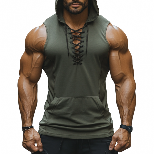 Men's Breathable Cotton Tank Top | Lace-up V-Neck | Kangaroo Pocket | Casual Hood | Slim Fit | Sleeveless | Ideal for Workouts & Casual Outings | Comfort & Style
