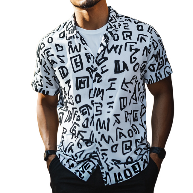 Men's Retro Short Sleeve Lapel Shirt | Vintage Letter Print | Casual Wear | Breathable Cotton Blend | Summer Fashion | Classic Retro Style