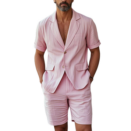 Men's Cotton Linen Blazer Shorts Set | Notch Lapel | Short Sleeve | Two-Button Closure | Summer Fashion | Casual Semi-Formal Look | Lightweight Breathable Fabric | Outdoor Events Outfit