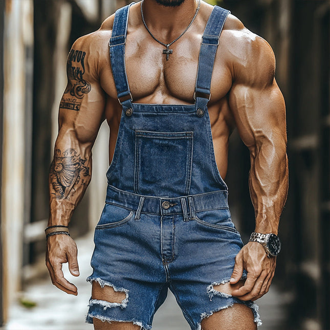 Men's Vintage Style Ripped Denim Bib Shorts | Retro Casual Washed and Worn | Distressed Details | Mid-Rise Waist | Relaxed Fit | Comfortable High-Quality Fabric | Ideal for Spring & Summer