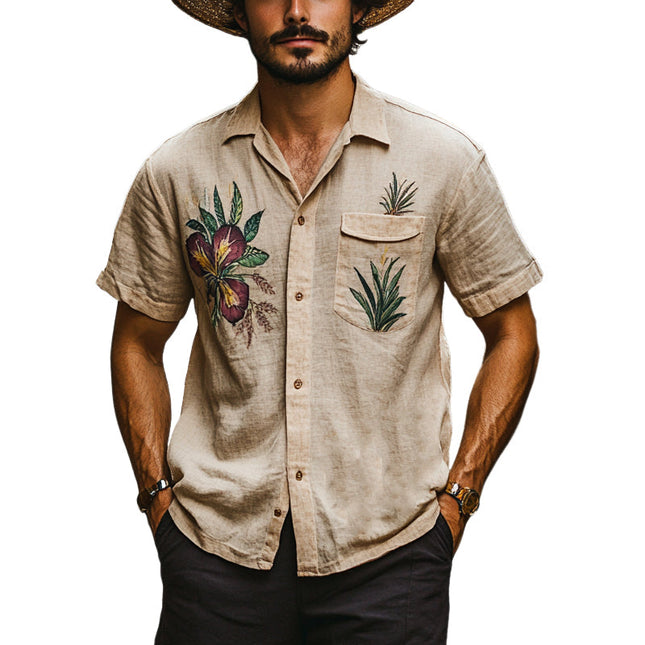 Men's Vintage Western Shirt | Botanical Print | Short Sleeve | Casual Button Down | Breathable Fabric | Relaxed Fit | Stylish Retro Design | Comfortable Everyday Wear | Ideal for Summer Outings | Fashionable Statement Piece