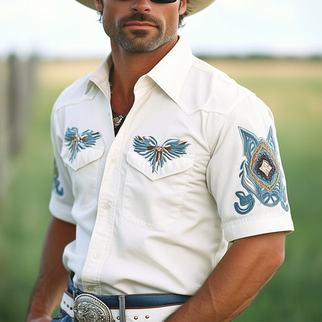 Men's Western Cowboy | Vintage Embroidered Shirt | Short Sleeve | Classic Spread Collar | Comfortable Cotton Blend | Button-Up Front | Stylish Casual Wear