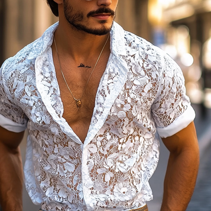 Men's Casual Shirt | Lace Lapel Detail | Button-Down | Short Sleeve | Soft Breathable Fabric | Stylish Comfort | Elegant Design | Perfect for Warm Weather & Social Gatherings