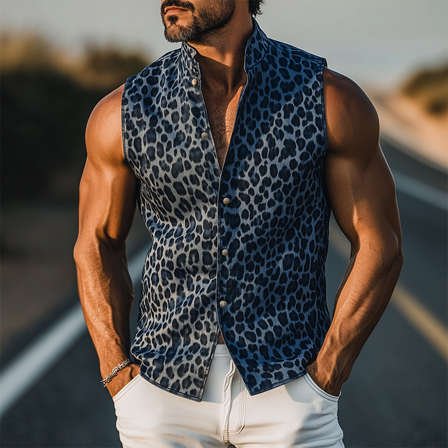 Men's Sleeveless Denim Shirt | Retro Western Style | Leopard Print Jacquard | Slim Fit | Stand Collar | Vintage Cowboy Fashion | Casual Summer Wear | Statement Piece