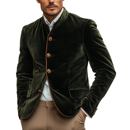 Men's Jacket | Vintage Green Velvet | Stand Collar | Slim Fit | Long Sleeve | Button Closure | Stylish Outerwear | Elegant Blazer | Soft Plush Texture | Classic Design | Versatile Fashion Statement
