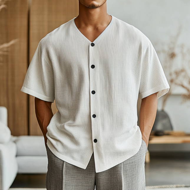 Men's Casual Stripe V-Neck Shirt | Cotton Blend | Short-Sleeve | Single-Breasted | Loose Fit | Breathable | Bold Stripe Patterns | Relaxed Sophisticated Design | Ideal for Casual Wear | Perfect for Summer