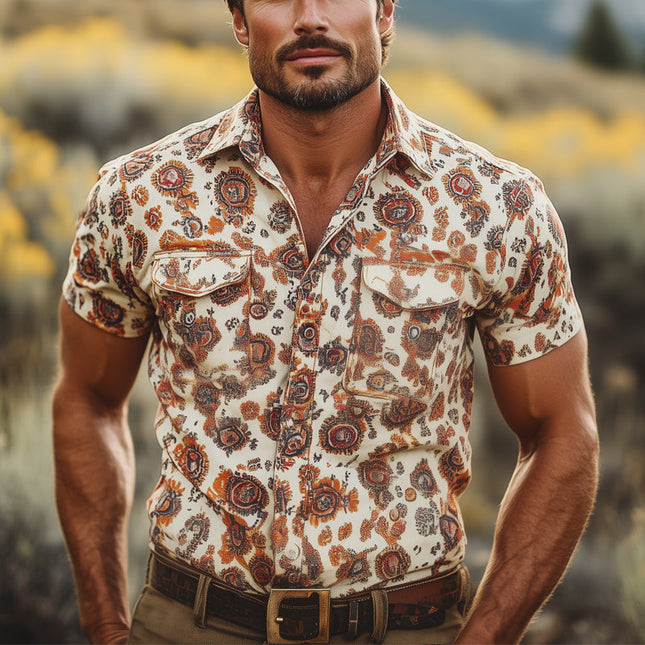 Men's Retro Print Short Sleeve Shirt | Vintage Style | Summer Casual Wear | Breathable Cotton Blend | Lapel Collar | Comfortable & Stylish | Ideal for Beach & Weekend Outings | Sizes S-3XL