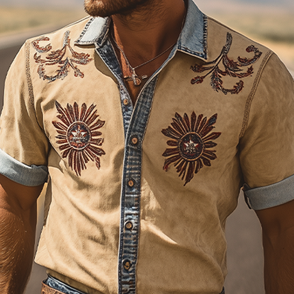 Men's Retro Western Denim Shirt | Short Sleeve Suede Embroidery | Cowboy Style Casual Button | Summer Fashion | Premium Denim | Suede Accents | Classic Western Design | Breathable Comfort
