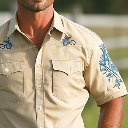Men's Western Cowboy Shirt | Vintage Embroidered Short Sleeve | Classic Western Style | Cotton Polyester Blend | Traditional Cowboy Collar | Sizes S to 3XL | Ideal for Casual Outings & Country Events