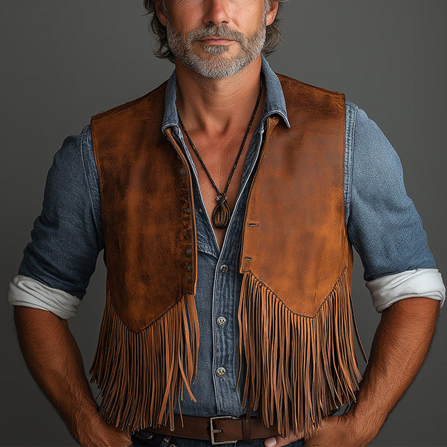 Men's Western Cowboy Leather Vest | Summer Tassel Design | Premium Quality | Stylish Outerwear | Breathable and Comfortable | Tailored Fit | Fashionable and Versatile | Perfect for Urban or Country Wear