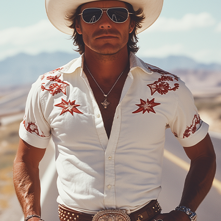 Men's Retro Western Cowboy Shirt | Cotton Blend | Embroidered Details | Slim Fit | Short Sleeve | Spring Summer Fashion | Classic Style | Comfortable Breathable Fabric | Vintage Modern Fusion