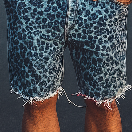 Men's Retro Western Cowboy Shorts | Leopard Print | Washed Denim | Loose Fit | Raw Edge Hem | Casual Style | Spring and Summer Fashion