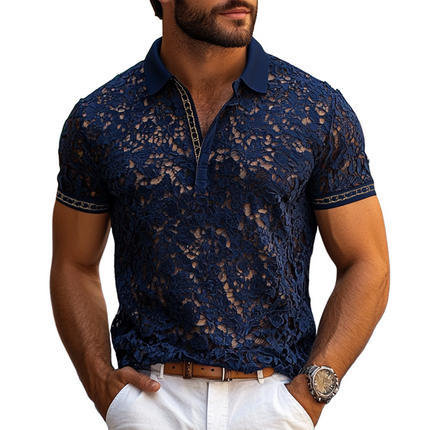 Men's Polo Shirt | Lace Lapel | Short Sleeve | Casual Fashion | Breathable Fabric | Stylish Regular Fit | Button Placket | Elegant Lace Trim | Ideal for Casual Outings | Versatile Weekend Wear
