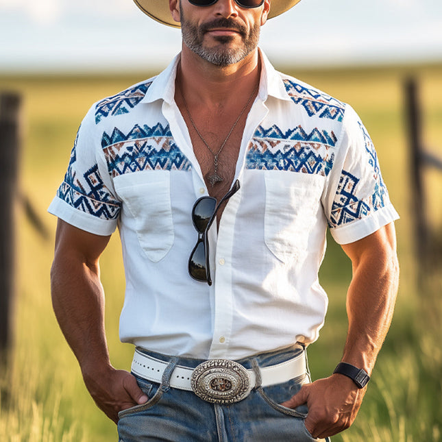 Men's Western Cowboy Shirt | Aztec Print | Short Sleeve | Classic Lapel Collar | Cotton Blend | Button-Up Front | Relaxed Fit | Vibrant Patterns | Casual Summer Wear | Bold Statement | Multiple Sizes Available