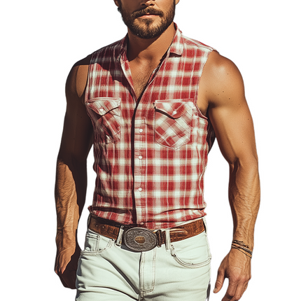 Men's Sleeveless Plaid Shirt | Cotton Linen Blend | Casual Retro Western Cowboy Style | Breathable Summer Fashion | Timeless Charm | Relaxed Fit | Ideal for Beach BBQ or Adventures