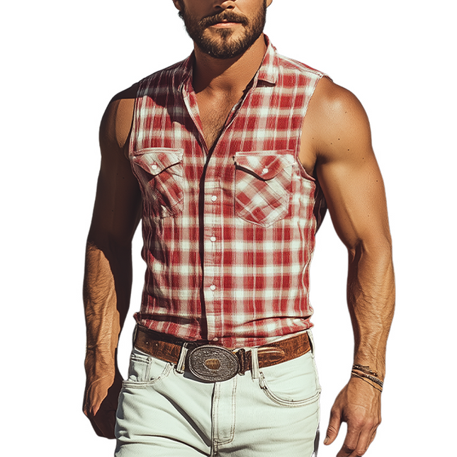 Men's Sleeveless Plaid Shirt | Cotton Linen Blend | Casual Retro Western Cowboy Style | Breathable Summer Fashion | Timeless Charm | Relaxed Fit | Ideal for Beach BBQ or Adventures