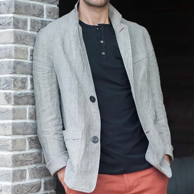 Men's Blazer | Striped Cotton Linen | Notch Lapel | Two Button | Casual Outerwear | Lightweight Breathable | Tailored Fit | Semi-Formal | Elegant Fashion Style