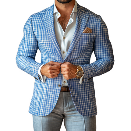 Men's Fashion Blazer | Checked Notch Lapel | Two Button | Spring Summer | Lightweight Breathable Fabric | Classic Pattern | Versatile Style | Elegant Tailoring | Regular Fit | Long Sleeves