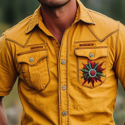 Men's Summer Shirt | Yellow Embroidered Short Sleeve | Lightweight Cotton | Classic Collar | Casual Slim Fit | S-3XL Available | Bright Fashion for Parties & Vacations