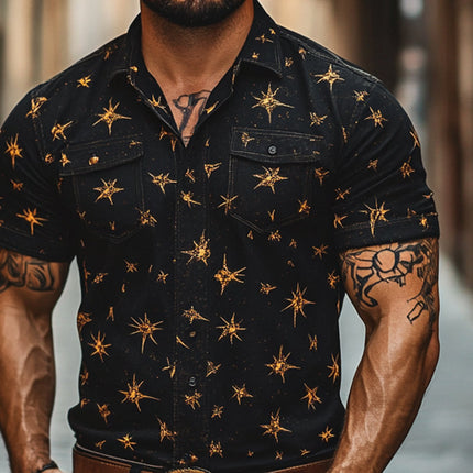 Men's Western Cowboy Shirt | Star Print | Short Sleeve | Regular Fit | Breathable Fabric | Vibrant Design | Casual Dress Shirt | Comfortable & Durable | Easy Care | Perfect for Outings & Events