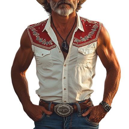 Men's Sleeveless Shirt | Retro Western Cowboy Style | Cotton Linen Blend | Slim Fit | Embroidery Detailing | Breathable Lightweight Fabric | Spring Summer Fashion | Rugged Stitching | Casual Outdoor Wear