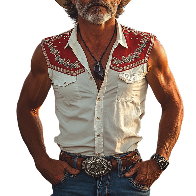 Men's Sleeveless Shirt | Retro Western Cowboy Style | Cotton Linen Blend | Slim Fit | Embroidery Detailing | Breathable Lightweight Fabric | Spring Summer Fashion | Rugged Stitching | Casual Outdoor Wear