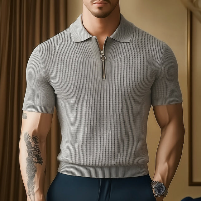 Men's Knitted Zip-Neck T-Shirt | Summer Business Casual Top | Textured Lightweight Fabric | Breathable Short Sleeve | Versatile Professional Style | Available in Sizes S to 3XL